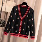 New Black Sweater with Embroidery Bees Cotton Stretchable Fall Spring Black Cardigan for Women