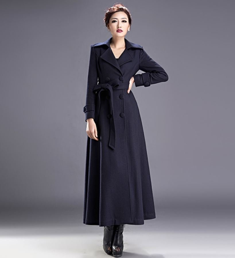 Fashion Navy Blue Trench Coats for Women with FREE Fur Collar Warm Wool ...