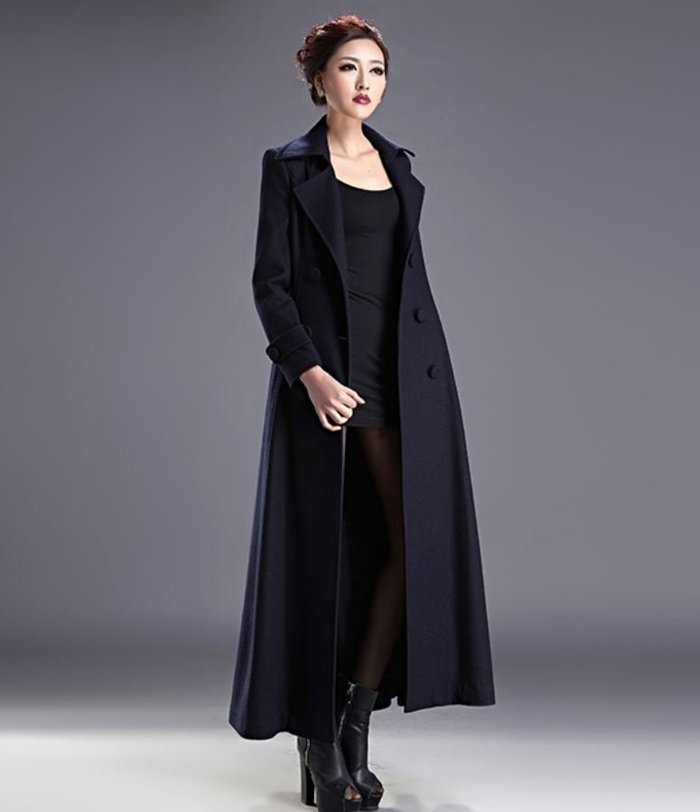 Fashion Navy Blue Trench Coats for Women with FREE Fur Collar Warm Wool ...