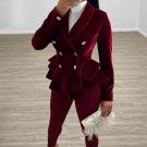 Rsslyn Burgundy Blazers for Women Velvet Ruffled Blazers with Golden Buttons