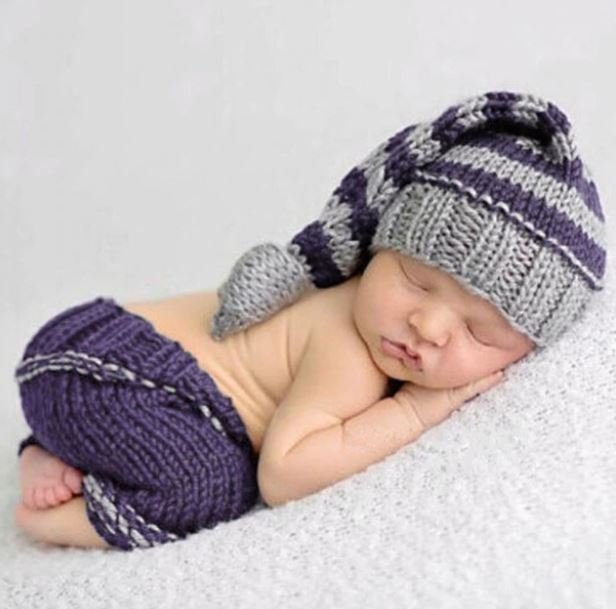 Unisex Props Elf Hat with Pant Striped Purple and Gray Hat for Newborn Boys and Girls