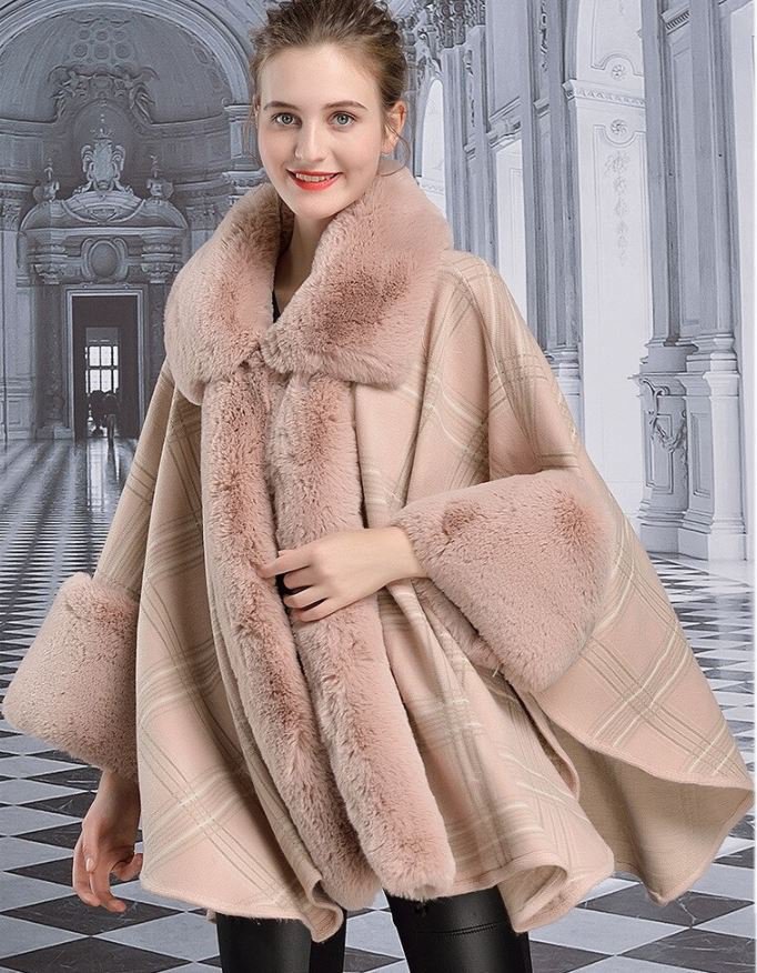 Pink Winter Cape for Women Plaid Poncho Faux Rabbit Fur Big Fur Collar