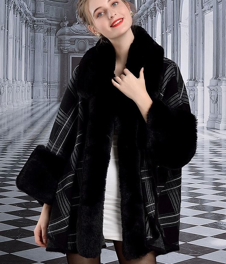Pink Winter Cape for Women Plaid Poncho Faux Rabbit Fur Big Fur Collar