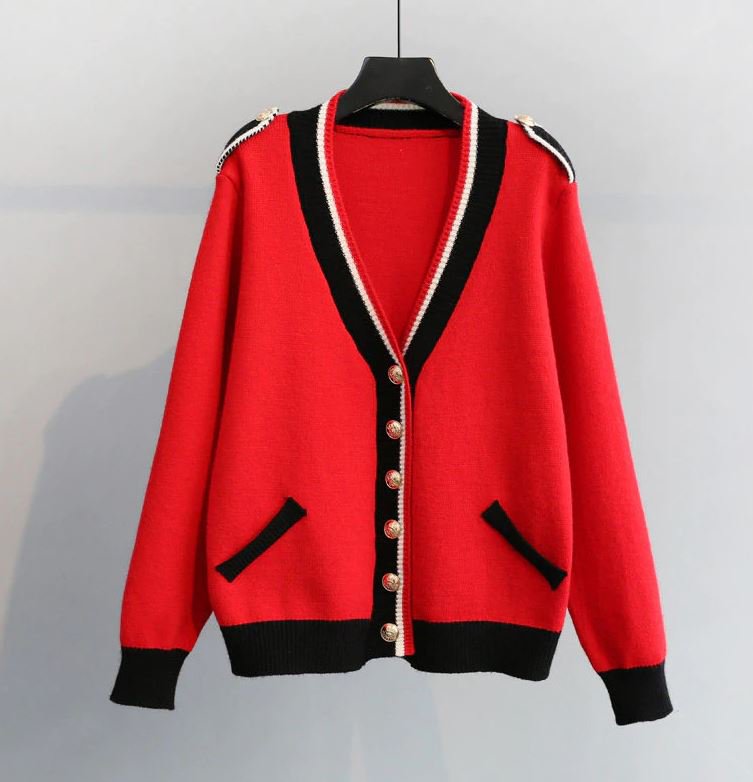 Fashion Buckle Shoulders Solid Sweaters for Women Red Cardigan with Button Up Lace Up V-Neck