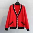 Fashion Buckle Shoulders Solid Sweaters for Women Red Cardigan with Button Up Lace Up V-Neck