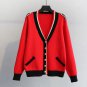 Fashion Buckle Shoulders Solid Sweaters for Women Red Cardigan with Button Up Lace Up V-Neck