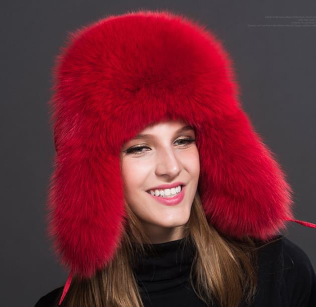 True Gift Red Fur Ushanka Genuine Fox Fur for Women Bomber Russian Red Winter Hats