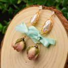 Dried Fresh Rose Bridesmaids Earrings Baroque Pearl Handmade Earrings with Mint Bows