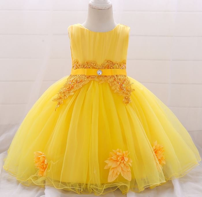 Mesh 3-6 Months Newborn Dress Solid Yellow Dress for Summer First Birthday Dress with Free Tiara