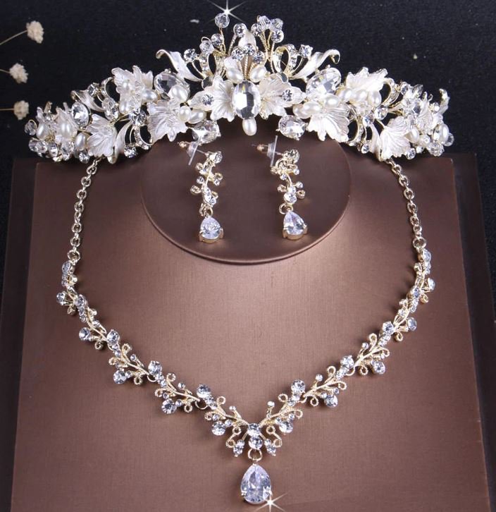 Rsslyn 3pc/SET Birthday Women Jewelries for Women-Floral Crown Pretty Golden Choker and Earrings