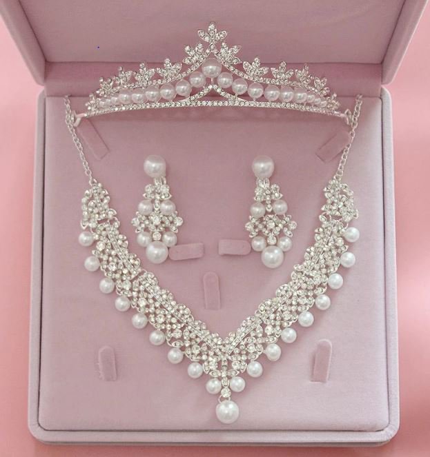 RSSLyn 3pc/SET Pearl Birthday Jewelries for Women-Pearl Tiara Elegant Choker and Dangle Earrings