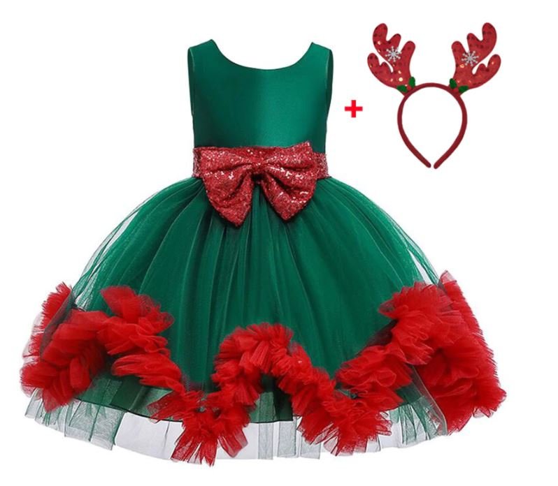 Rsslyn 2pcs/ SET Green Christmas Dress for Girls Free Reindeer Headband with Maroon Bow