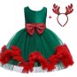 Rsslyn 2pcs/ SET Green Christmas Dress for Girls Free Reindeer Headband with Maroon Bow
