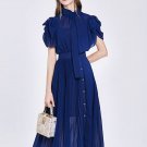 Rsslyn Beautiful Blue Dress with Mandarin Collar Short Puff Sleeves with Free CC Brooch