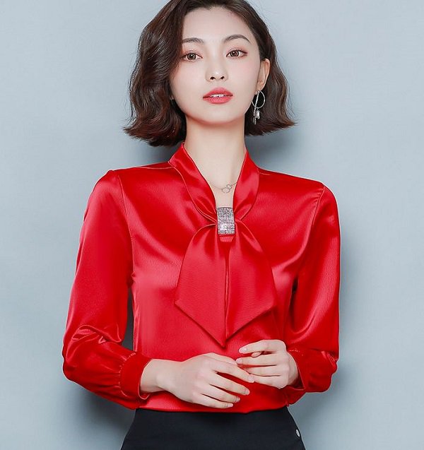 Rsslyn Red Silk Tops for Women with Bow Secretarial Job Outfit