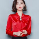 Rsslyn Red Silk Tops for Women with Bow Secretarial Job Outfit