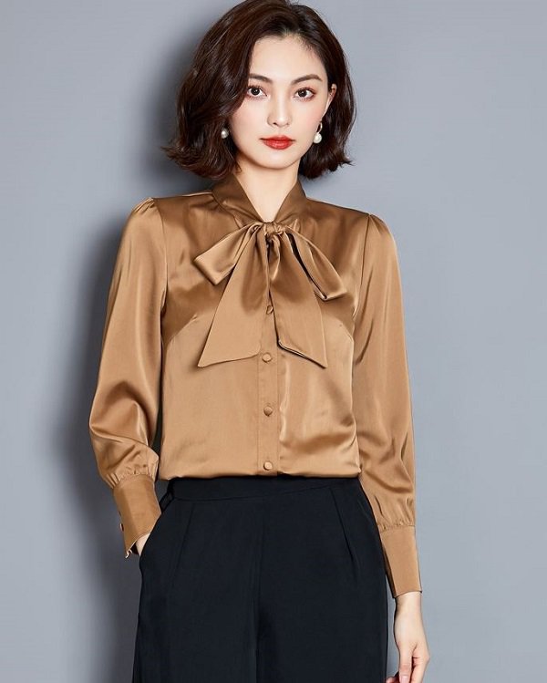 Rsslyn Golden Brown Silk Tops for Women with Bow Tie Office Work Outfit