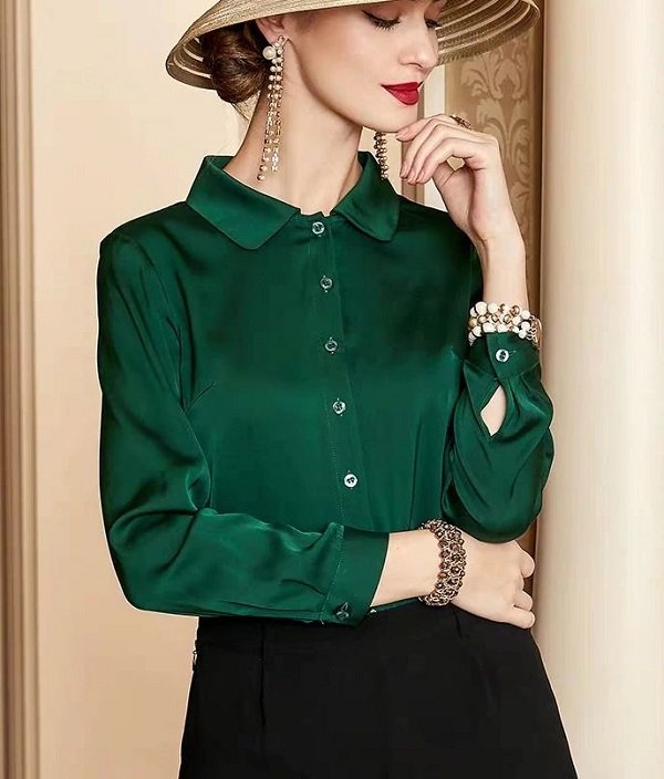 Rsslyn European Style Solid Green Tops for Women Solid Green Silk ...