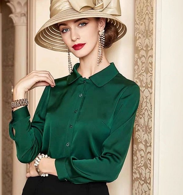 Rsslyn European Style Solid Green Tops for Women Solid Green Silk
