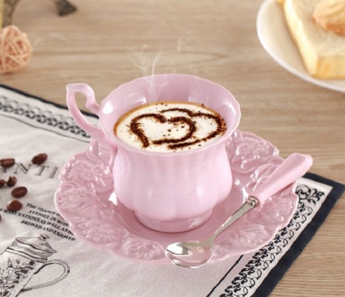 Rsslyn 3pcs/SET Elegant Pink Porcelain Tea Cup, Saucer and Spoon Personal Use Kitchenware