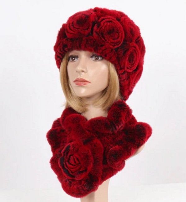 Rsslyn 2pcs/SET Red Winter Hats Luxury 100% Genuine Rex Rabbit Fur Hats Matching Soft Neck Warmers