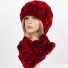 Rsslyn 2pcs/SET Red Winter Hats Luxury 100% Genuine Rex Rabbit Fur Hats Matching Soft Neck Warmers