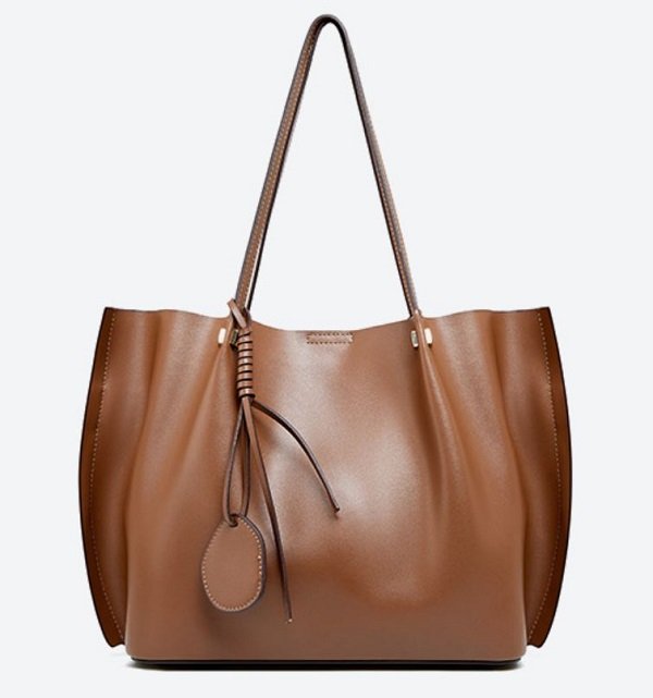Rsslyn Pleated Side Solid Brown Leather Bags with Free Brooch Luxury Handbag Totes