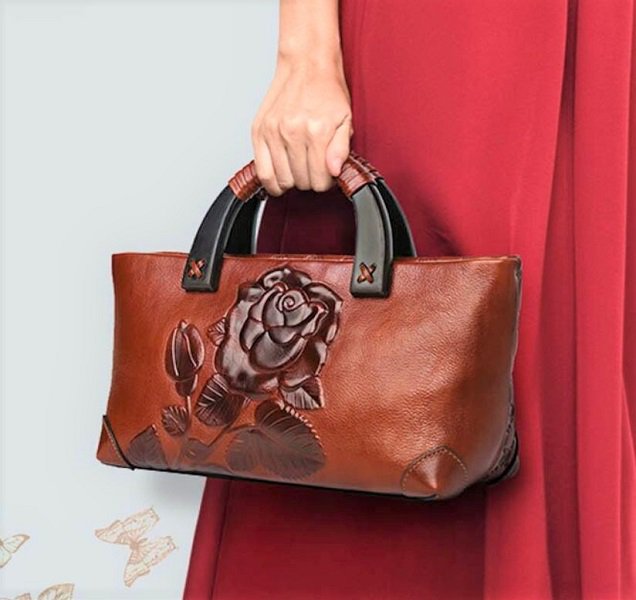 Rsslyn Embossed Rose Brown Leather Bags with Free Brooch Fashion Bags for Women