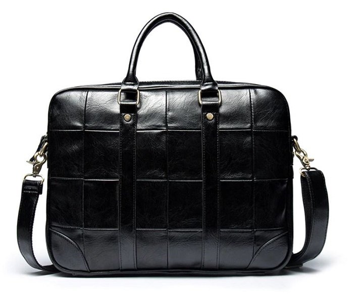 Rsslyn Patchwork Black Leather Briefcases for Men Unisex Free Silver Brooch Coco Pins