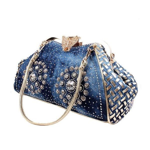 Rsslyn Free Shipping Denim Shoulder Bags with Rivet Rhinestone Patchworks