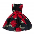 Rsslyn Fashion Black Dresses for Girls Formal Wear Black Dress with Rose Prints Free Tiara