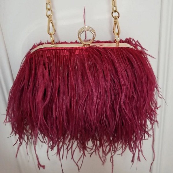 Rsslyn New Trend Red Wine Color Party Bags Red Purses Special Ostrich Feathers