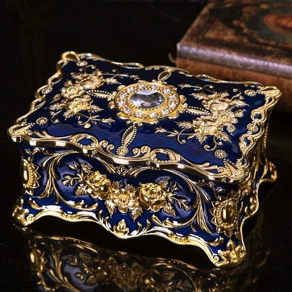 Rsslyn Rectangular Jewelry Box Blue Ornate