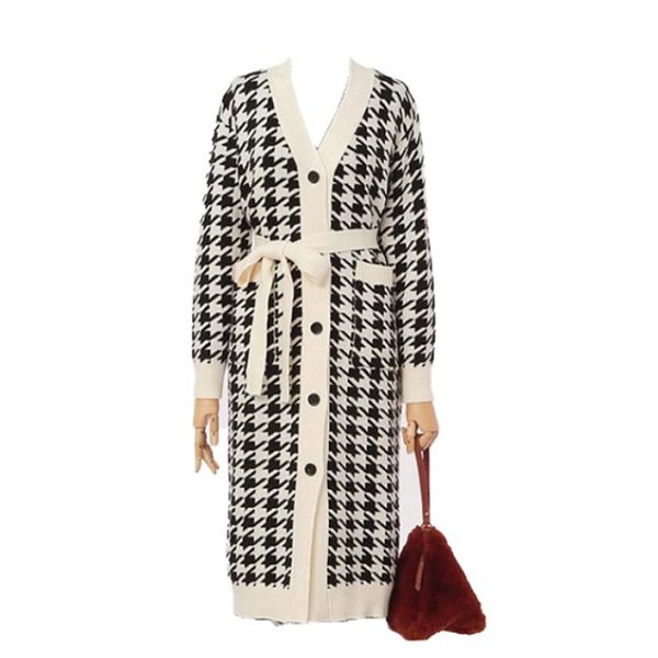 Rsslyn 2pcs/SET Fashion Houndstooth Long Cardigan Black V-neck Dress Matching Dress