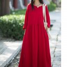 Rsslyn Luxury Red Linen Dress Pretty Color Fashion Linen Dress with Pocket