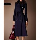 Rsslyn Solid Warm Wool Navy Blue Overcoat for Women with Belt