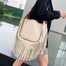 Rsslyn Fashion Bucket Bags Handmade Leather Bags Beige Ivory Shoulder Bags with Tassels