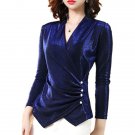 Rsslyn New Fashion Trend Sparkle Blue Blouses V-Neck Unusual Cut Bottom