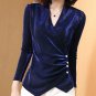 Rsslyn New Fashion Trend Sparkle Blue Blouses V-Neck Unusual Cut Bottom