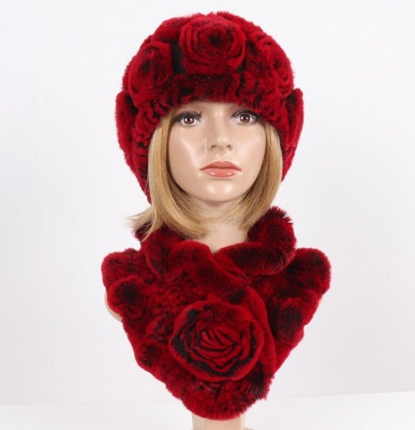 Rsslyn Red Rose Matching Set Scarf with Red Hat Real Mink and Real Fox Fur