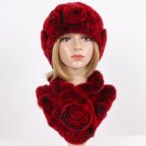 Rsslyn Red Rose Matching Set Scarf with Red Hat Real Mink and Real Fox Fur