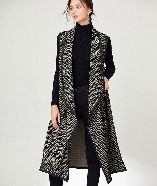 Rsslyn Herringbone Pattern Vests Gray Long Vest for Women Spring Fall Autumn Fashion Version Vests