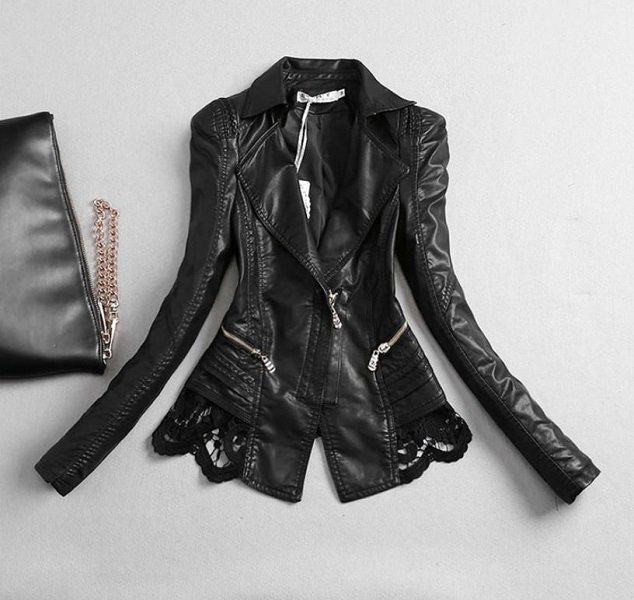 Rsslyn Slim Fit Black Leather Jackets for Women Fashion Lacy Jackets Black Coats