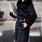 Rsslyn Luxury Real Natural Rabbit Fur Coat with Fox Fur Collar Full Pelt Black Jackets for Women