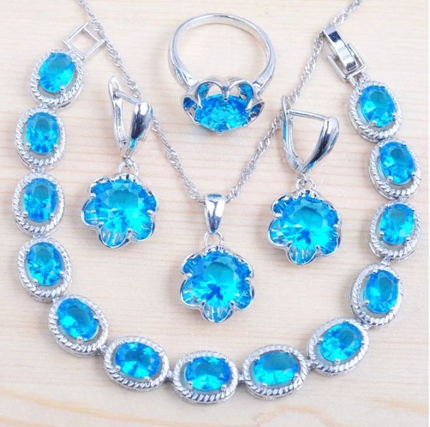Rsslyn 4pcs/SET Classic 925 Silver Jewelry Set For Women Matching Set Blue Crystal