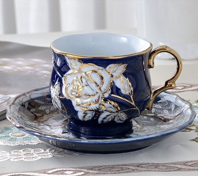 Rsslyn Mothers Day Gift Navy Blue Tea Cup Set Saucer and Free Spoon Blue Cups Blue Porcelain
