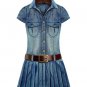 Rsslyn Cute Denim Dress for Women Pleated Bottom with Wide Leather Belt Blue Dress for Women