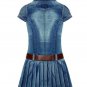 Rsslyn Cute Denim Dress for Women Pleated Bottom with Wide Leather Belt Blue Dress for Women