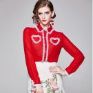 Rsslyn Red Blouse with Heart Pocket Ruffled Collar Fashion Tops for Women