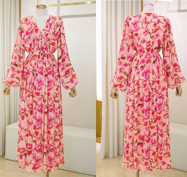 Rsslyn Pink Maxi Dress V-Neck Dress Mid-calf Length Beach Dress with Almond Flower Prints